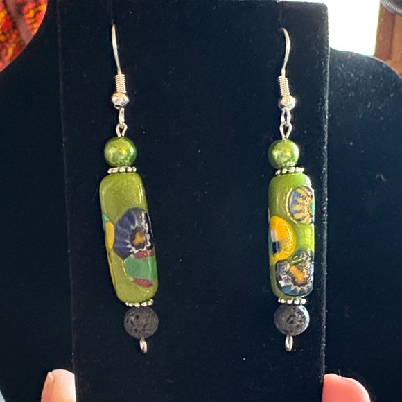 Hand Crafted Jewelry - Hand Crafted Green Painted Floral Earrings
